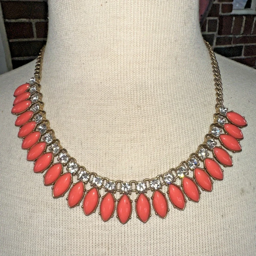 J.Crew Statement Necklace Women OS Coral Gold Excellent Bib Crystal Marquise